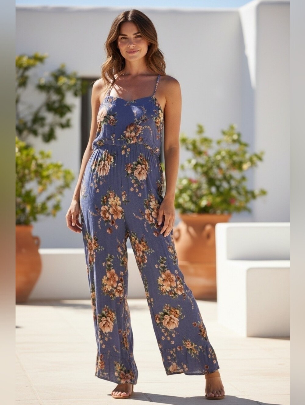 American Eagle Small Floral Wide-Leg Jumpsuit in Blue